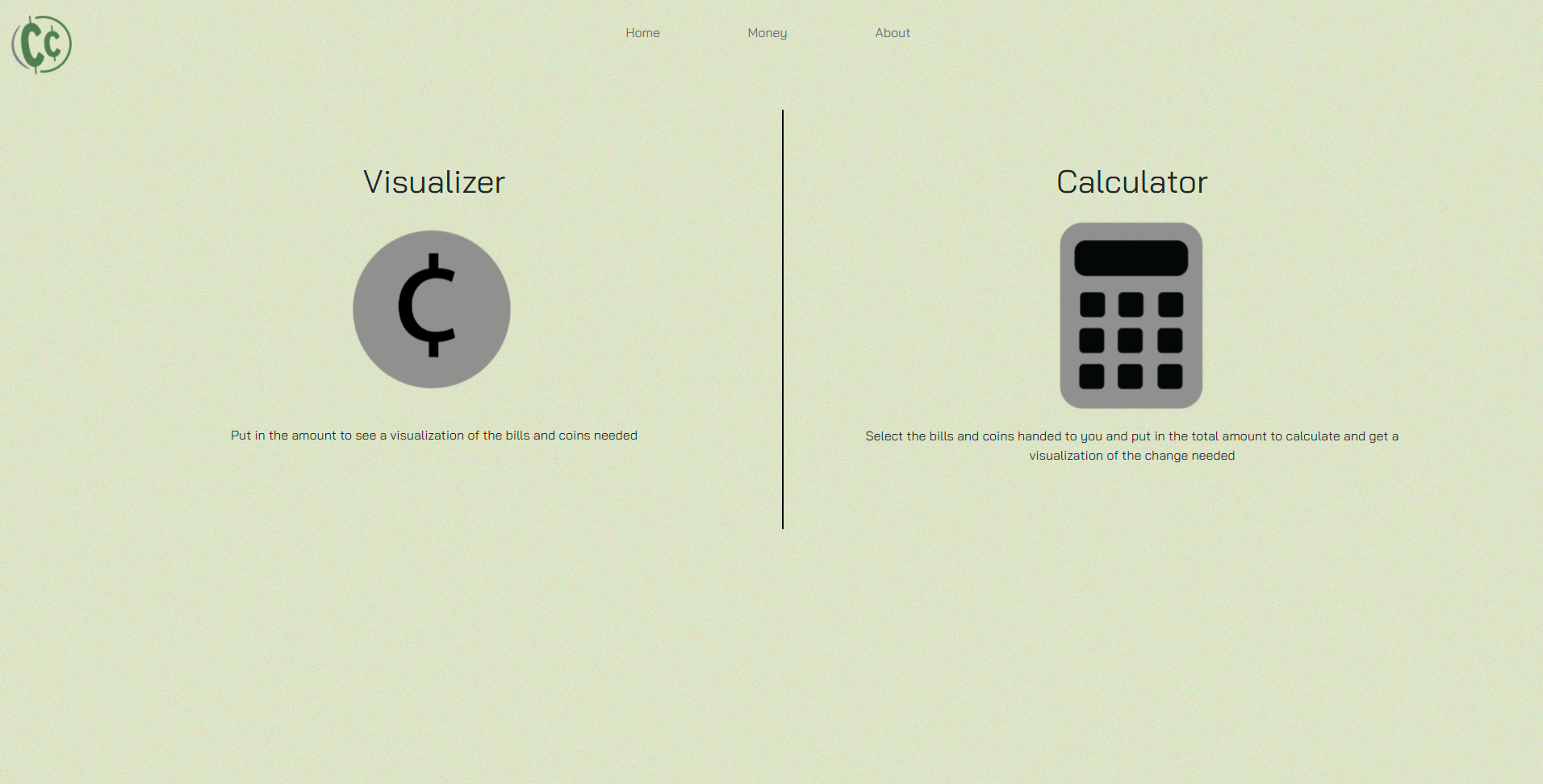 Screen that lets the user select the Visualizer or the Calculator