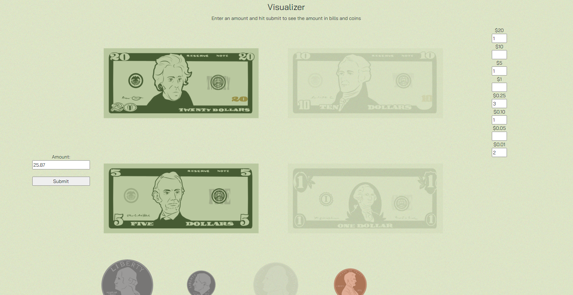 An example of the Visualizer page and what it looks like when the user wants to see what $25.87 is