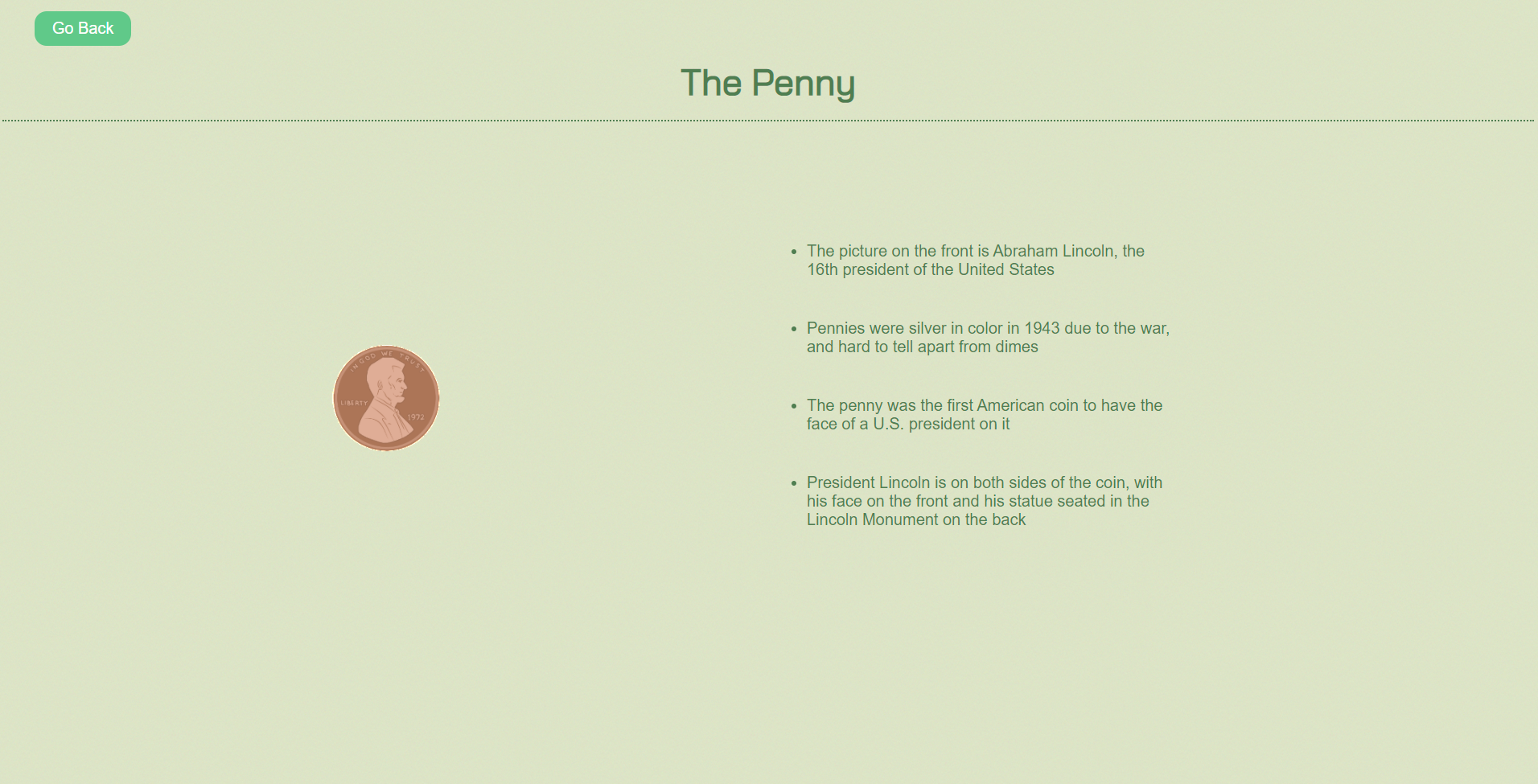 The page dedicated to information about the penny and a simplified 3D graphic of one